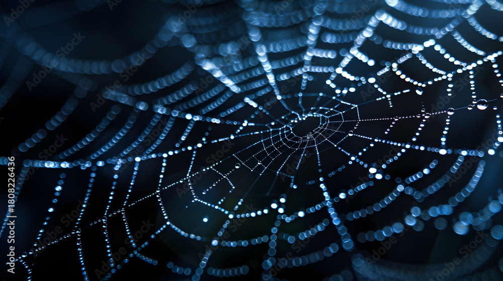 Obraz premium Close-up of a spider web glowing with tiny droplets