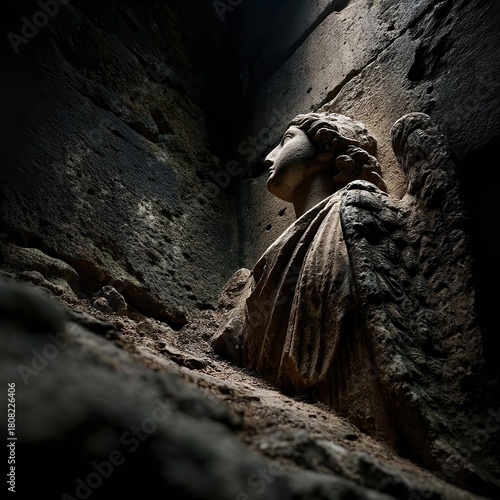 Stone sculpture of a serene girl with curly hair and delicate features carved into rough cave wall scene