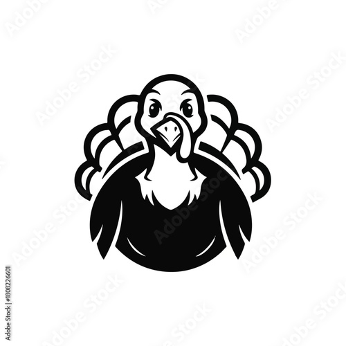 A bold turkey bird vector graphic emblem facing forward. A simple poultry logo for branding or Thanksgiving holiday design isolated on a white background