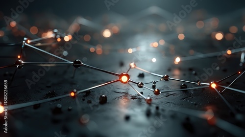 Abstract futuristic network with glowing interconnected nodes and lines on dark background