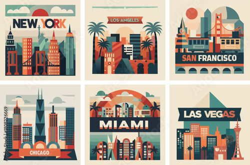 Set of retro-style travel posters featuring major USA city skylines: New York, Los Angeles, San Francisco, Chicago, Miami, and Las Vegas, in a graphic, minimal, and geometric design.