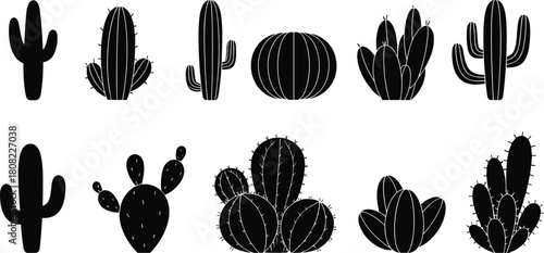 Mexican Desert Cactus Silhouette Collection, Featuring Various Shapes like Saguaro and Prickly Pear, Representing Wild West Flora, Nature, and Botanical Vector Icons