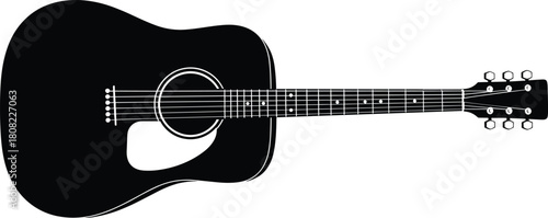 Black acoustic guitar silhouette vector illustration with strings and frets isolated on white background for musical instrument shop logo and rock concert design symbol.