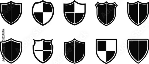 Black shield icons collection, security symbol set, protection badge silhouette, defense guard emblem, safety shape vector, medieval heraldry element, coat of arms design, illustration.