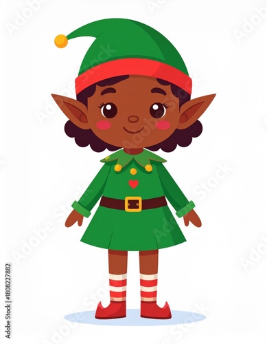 A cheerful cartoon elf character with dark skin, wearing a green dress and red-striped stockings, ready for festive adventures.