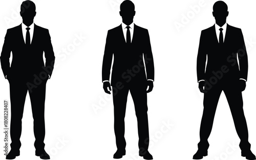 Businessmen silhouettes vector set, black suits isolated on white background, corporate man standing poses, professional executive icons for office design and management team illustration.