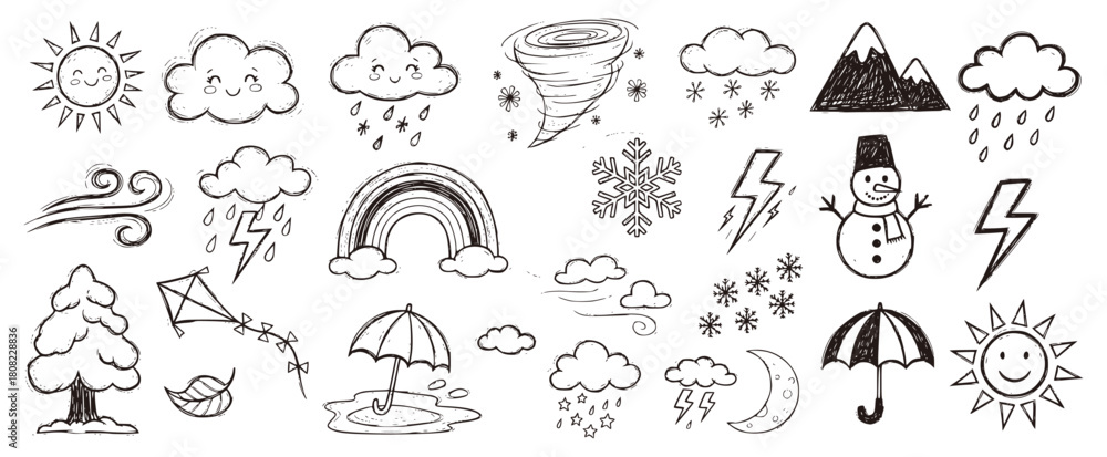 Obraz premium Doodle collection of weather icons and climate elements: sun, smiling clouds, rain, snow, thunder, rainbow, snowman, and wind, perfect for educational or forecast design.