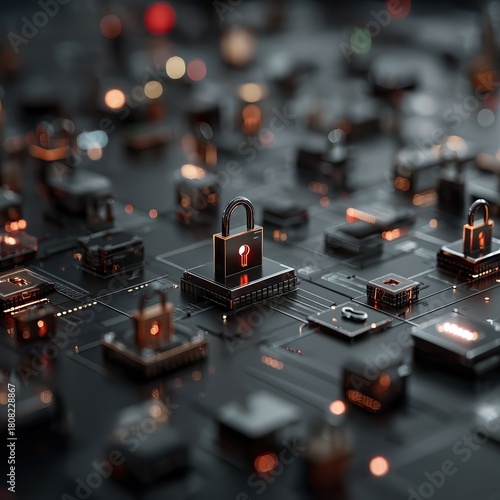 Close-up of digital circuit board with illuminated padlocks symbolizing cybersecurity and data protection