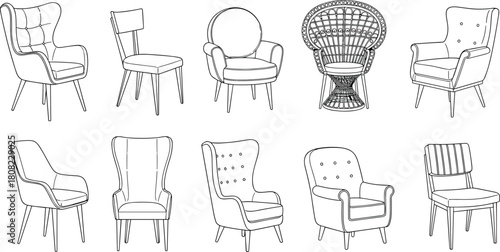 Chair line art vector set, armchair and dining seat collection, furniture outline sketch, isolated interior design elements for living room and home decor icons.