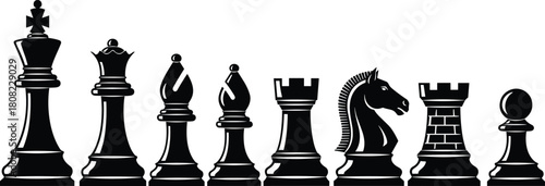 Chess piece silhouette set, black vector collection of king queen bishop knight rook pawn, isolated game icons for strategy logo design, board competition symbol.