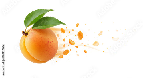 Juicy ripe apricot with leaves, splashing juice and pieces of fruit, isolated on a white background, representing freshness and natural goodness