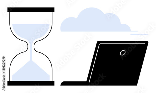 Hourglass representing time beside a laptop and cloud. Ideal for productivity, efficiency, cloud computing, remote work, time management, digital transformation, simple flat metaphor