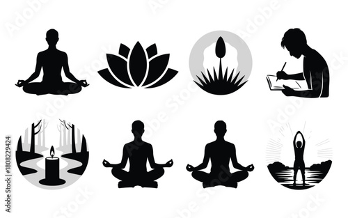 Meditative figures and symbolic elements silhouette meditation