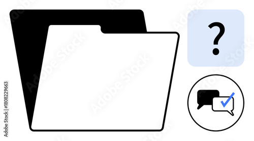 Black and white file folder paired with question mark and speech bubbles. Ideal for organization, communication, decision-making, doubt, teamwork, brainstorming, file sharing, simple flat metaphor