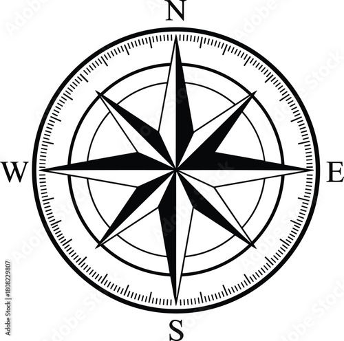 Classic black and white compass rose vector illustration with cardinal directions North South East West and wind star isolated on white for nautical map design.