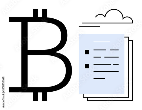 Large Bitcoin sign beside layered documents and a cloud element. Ideal for finance, cryptocurrency, blockchain, fintech, digital contracts, data security, online agreements. Simple flat metaphor
