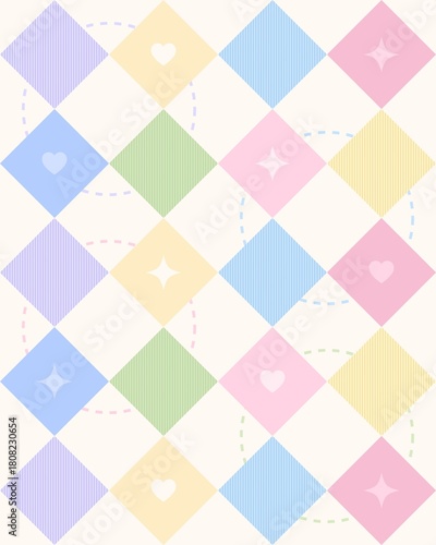 Colorful diamond shape retro pattern background with diamonds & hearts 
