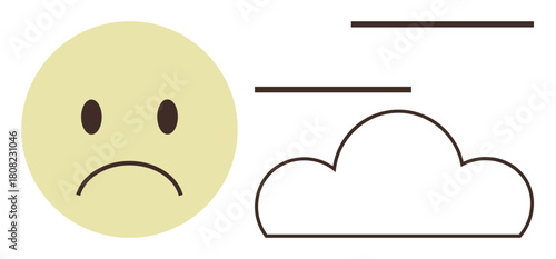 Yellow sad face and outlined cloud paired with horizontal lines evoke sadness, stress, depression, and difficult times. Ideal for mental health, mood, weather, loneliness, stress introspection