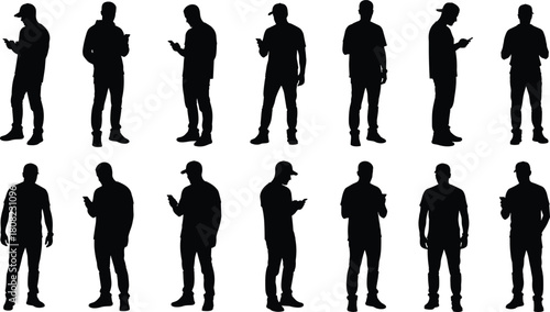Collection of realistic man silhouettes, featuring a standing person using a smartphone, casual male figure looking at phone, and men wearing baseball caps, isolated vector.