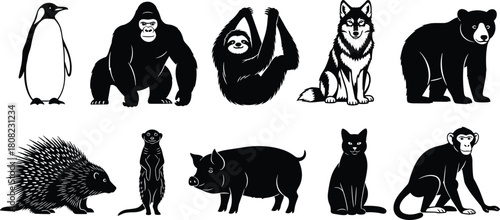 Collection of ten black animal silhouettes featuring penguin gorilla sloth wolf bear porcupine meerkat pig cat and monkey vector illustration isolated on white background.