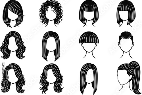 Collection of twelve black and white hairstyle icons featuring various female haircuts like curly wavy bob and ponytail for beauty salon vector design elements.