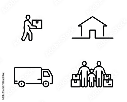 Minimalist black line icons depicting delivery and family house truck