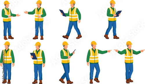 Construction worker character set, a collection of a male engineer in a hard hat and safety vest, in various poses: walking, standing, pointing, and holding clipboard.