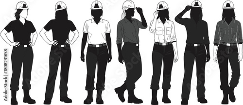 Collection of woman worker silhouettes and illustrations, showing a female engineer or builder standing, wearing a hard hat, safety boots, and work clothes, isolated vector.