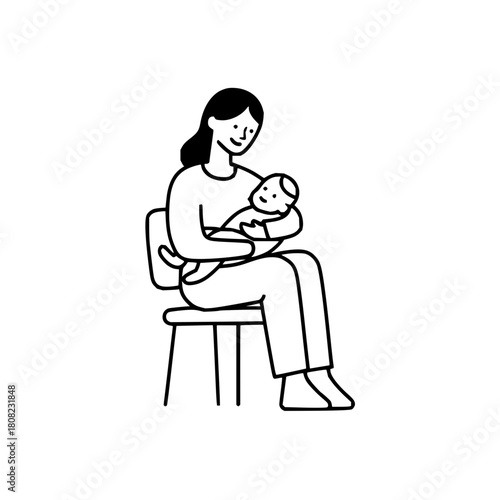 A minimalist illustration of a mother sitting on a chair holding her baby in a loving and tender embrace