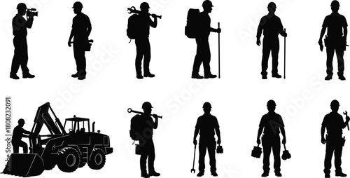 Construction worker silhouette collection, industrial builder, backhoe operator, surveyor, man with hard hat, tools, backpack, and toolbox, vector icon set, isolated white.