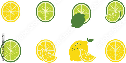 Set of Lemon and Lime Slices Vector Illustration Citrus Fruit Refreshment Summer Food Tropical Vegetarian Organic Vitamin Fresh Healthy Juice Ingredient Cooking Recipe Design Graphic Elements