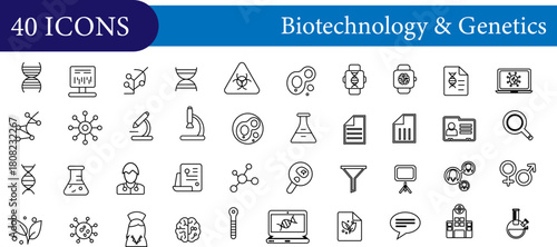 Biotechnology & Genetics Icons — 50 Vector Symbols of DNA, Genome Editing, Molecular Biology, Lab Research, CRISPR, and Bioinformatics