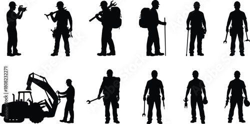 Construction worker silhouette collection, industrial builders, excavator operator, surveyor with camera, man with tools and backpack, vector set, isolated on white.