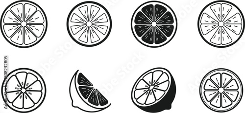 Set of Eight Stylized Citrus Fruit Slices Black and White Vector Graphic with Segments and Juice Vesicles on Seamless Transparent Background Ready for Creative Projects