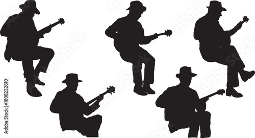 Bluegrass and Folk Banjo Player Silhouette Vector Icons