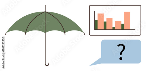 Green umbrella symbolizes protection, bar graph indicates analysis, and speech bubble with a question mark suggests inquiry or uncertainty. Ideal for risk assessment, protection, decision-making