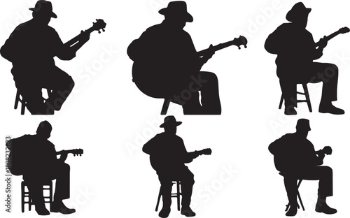 Bluegrass and Folk Banjo Player Silhouette Vector Icons