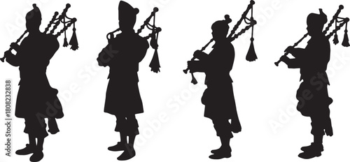Scottish Bagpiper in Traditional Attire Silhouette Set