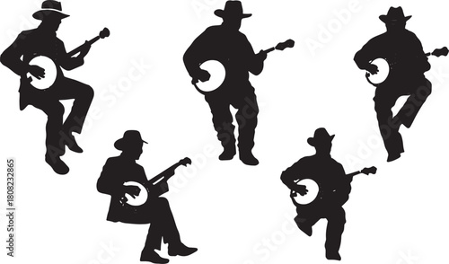 Bluegrass and Folk Banjo Player Silhouette Vector Icons