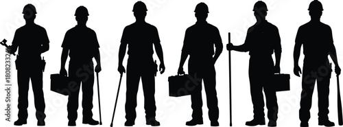 Construction worker silhouette set, a group of six builders in hard hats, standing as a team, holding various tools, toolbox, wrench, and crowbar, isolated vector collection.