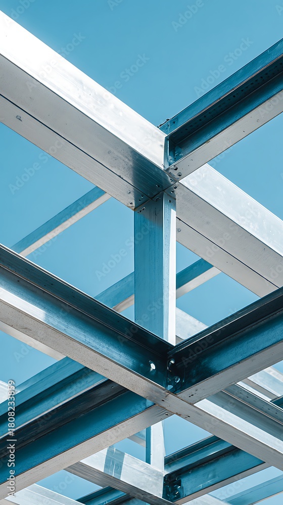 Fototapeta premium Metal Construction Against Blue Sky Background, Steel Structure Building Framework