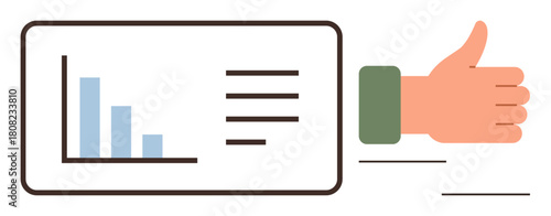 Hand with thumbs-up gesture next to a chart with bar graph and text elements. Ideal for approval, success, analysis, performance, data presentation, decision-making, teamwork. Simple flat metaphor