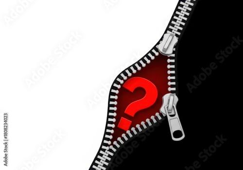 Unzipping a question mark reveals a hidden answer, isolated on white background, creating mystery and intrigue