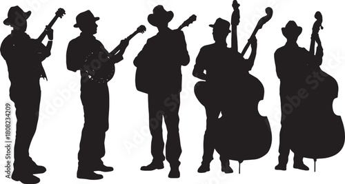 Bluegrass Band Musician Silhouettes with Banjo and Fiddle