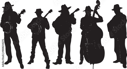 Bluegrass Band Musician Silhouettes with Banjo and Fiddle