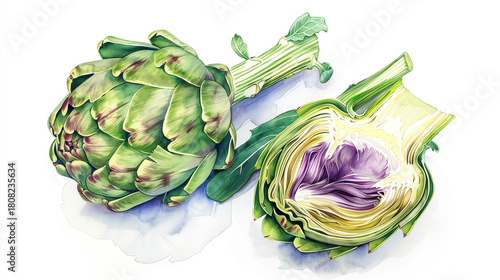 Watercolor illustration of whole and halved artichoke with detailed inner structure