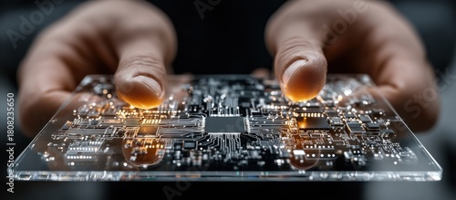 Hands cradle a glowing circuit board, showing intricate electronic details