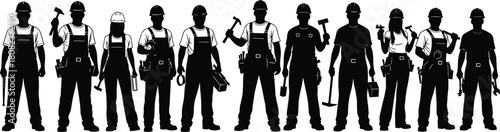 Construction worker silhouette set, a team of male and female builders in hard hats and overalls, holding tools like hammers and drills, isolated vector.