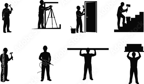 Construction worker silhouette set, builder icons with hard hats, man with hammer, drill, and level, carrying materials, building renovation vector collection, isolated on white.