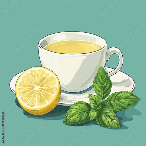 Tea with lemon and mint , vector style simple color
